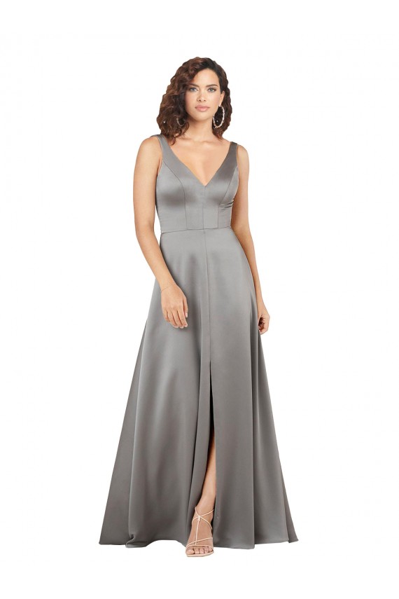 Cheap Plunging V-Neckline Long A-Line Silky Satin Prom Dress UK