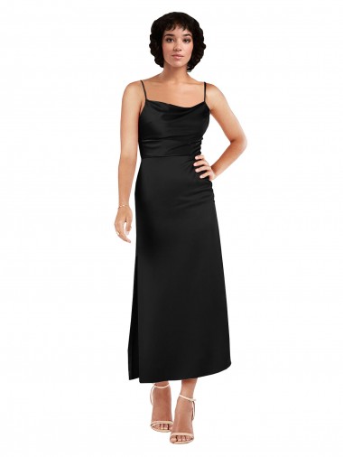 Cheap Cowl Neck Tea-Length Short Silky Satin Cocktail Prom Dress / Homecoming Dress with Skirt Slit UK