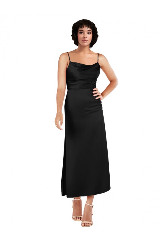 Cheap Cowl Neck Tea-Length Short Silky Satin Cocktail Prom Dress / Homecoming Dress with Skirt Slit UK