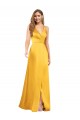 Cheap Halter A-Line Silky Satin Prom Dress with V-Neckline and Slit UK