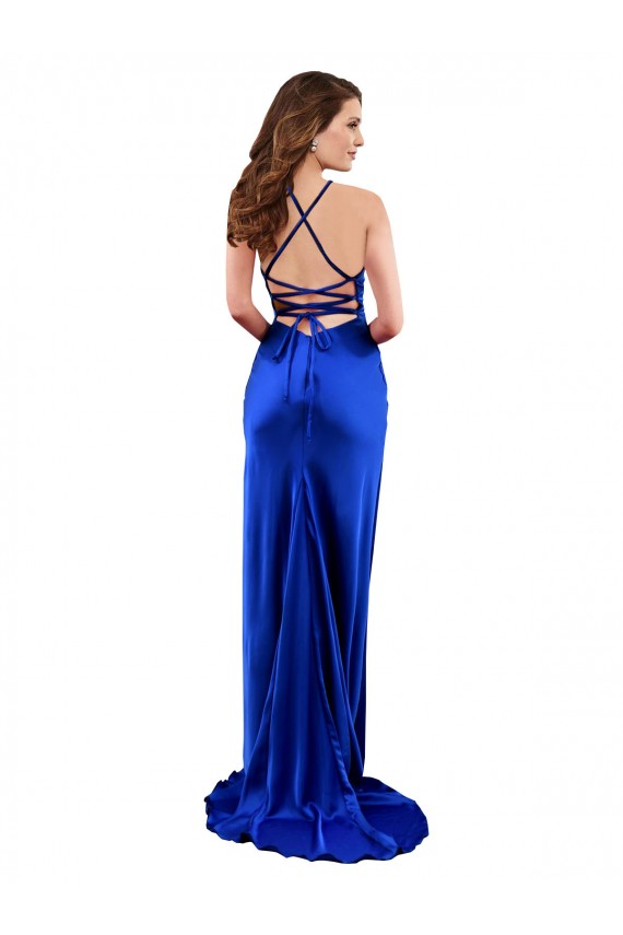 Cheap Open Back Cowl Neck Long Silky Satin Prom Dress UK