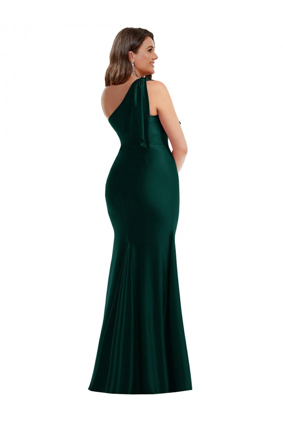 Cheap Cascading Bow One Shoulder Silky Satin Mermaid Prom Dress with Front Slit UK