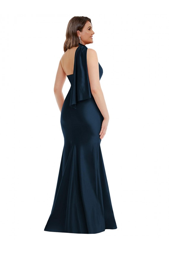 Cheap Scarf Neck One Shoulder Silky Satin Mermaid Prom Dress with Front Slit UK