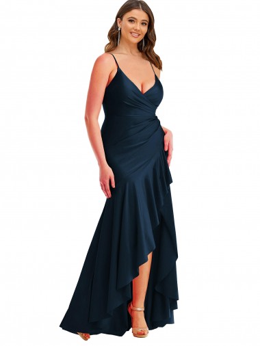 Cheap Pleated Wrap Ruffled High Low Silky Satin Prom Dress UK