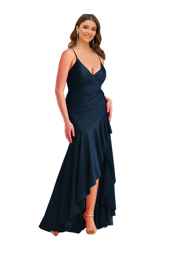 Cheap Pleated Wrap Ruffled High Low Silky Satin Prom Dress UK