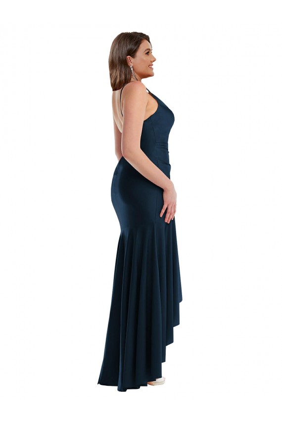 Cheap Pleated Wrap Ruffled High Low Silky Satin Prom Dress UK