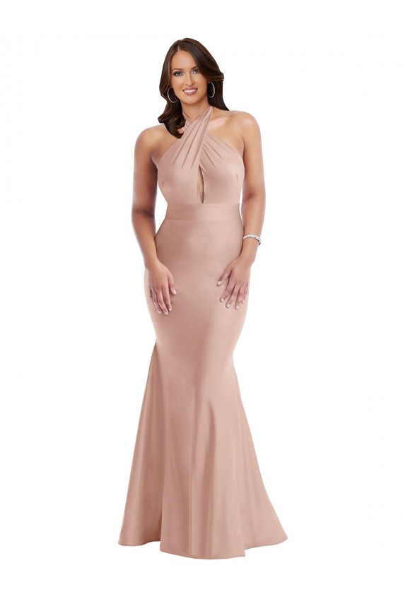 Cheap Criss Cross Halter Open Back Silky Satin Mermaid Prom Dress UK