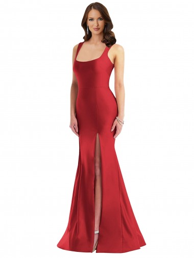 Cheap Square Neck Silky Satin Mermaid Prom Dress with Side Slit UK