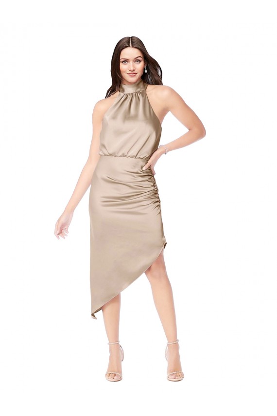 Cheap Silky Satin High Low Midi Length Cocktail Prom Dress / Homecoming Dress with Asymmetric Skirt UK