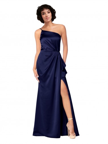Cheap One Shoulder Silky Satin Prom Dress with Skirt Slit UK