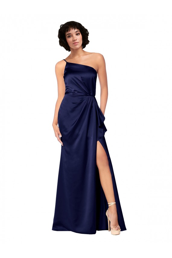 Cheap One Shoulder Silky Satin Prom Dress with Skirt Slit UK