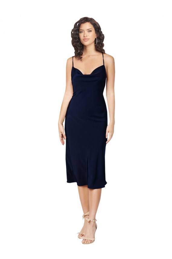 Cheap Short Midi Length Silky Satin Cocktail Prom Dress / Homecoming Dress with Cowl Neck and Cross Back Straps UK