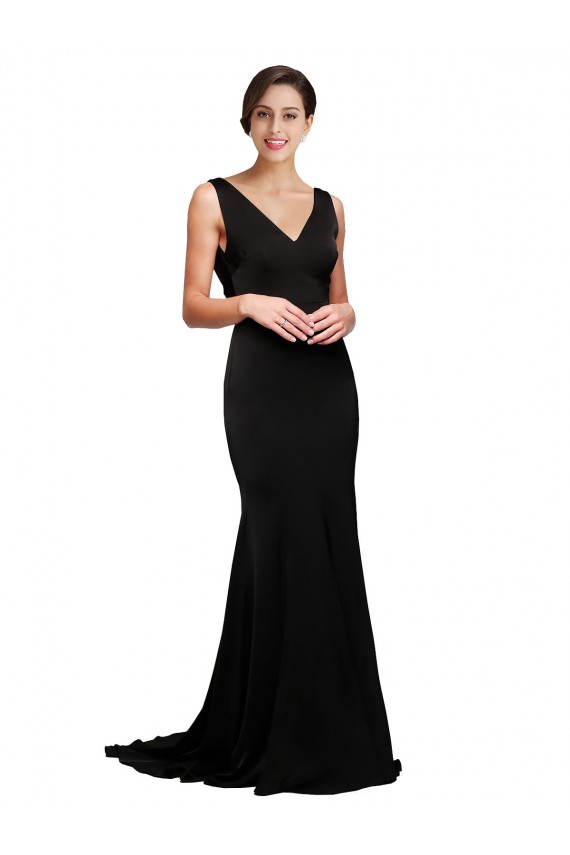 Cheap V-Neck Full Length Silky Satin Prom Dress with Soft Cowl Neck and Sweep Train UK