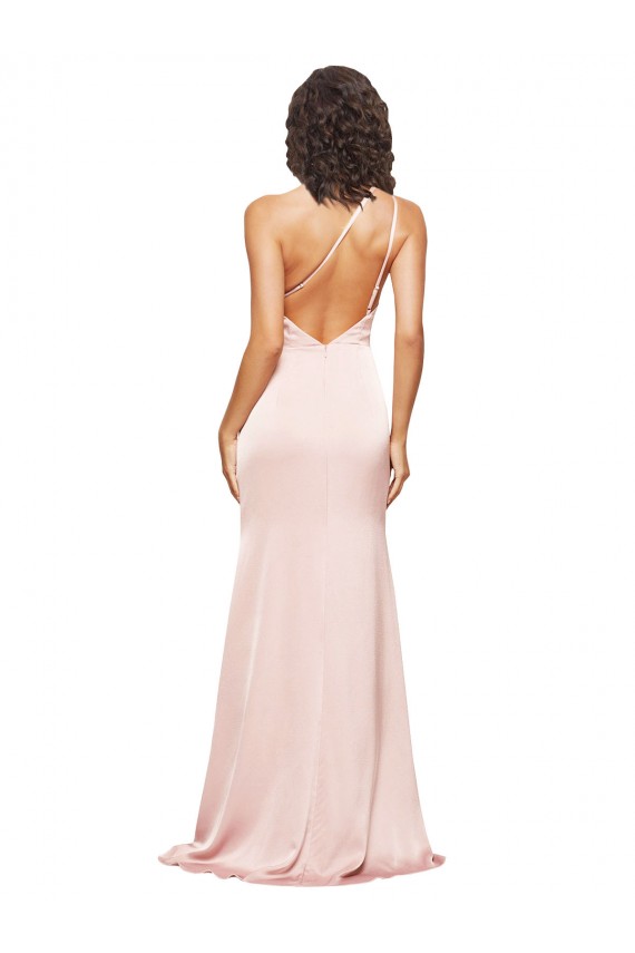 Cheap Full Length Ruched Silky Satin Prom Dress with Low Back and High Split UK