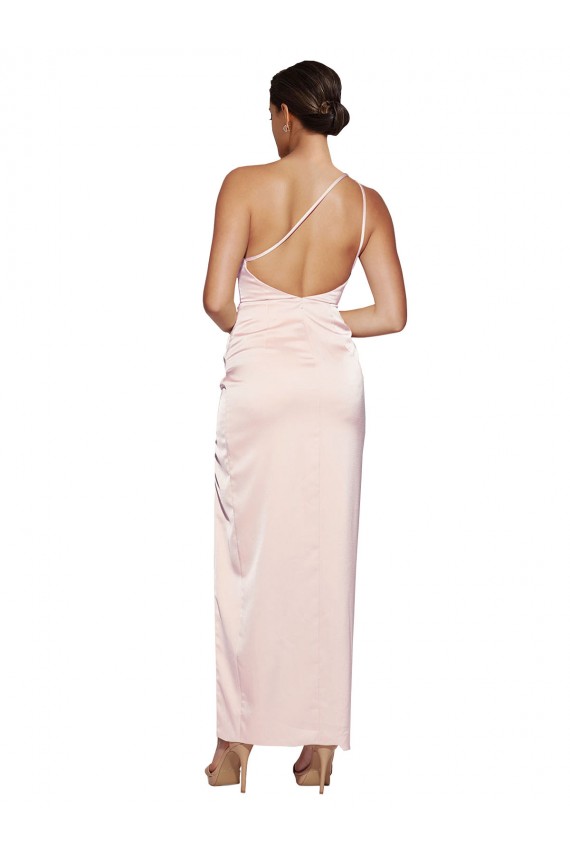 Cheap One Shoulder Full Length Long Silky Satin Prom Dress with Thigh Split UK