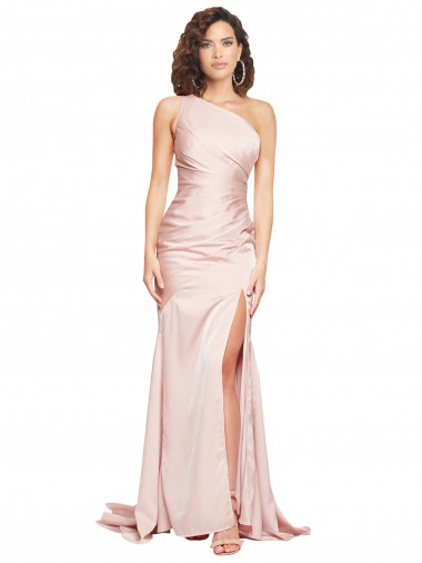 Cheap Full Length One Shoulder Long Silky Satin Prom Dress with High Split UK