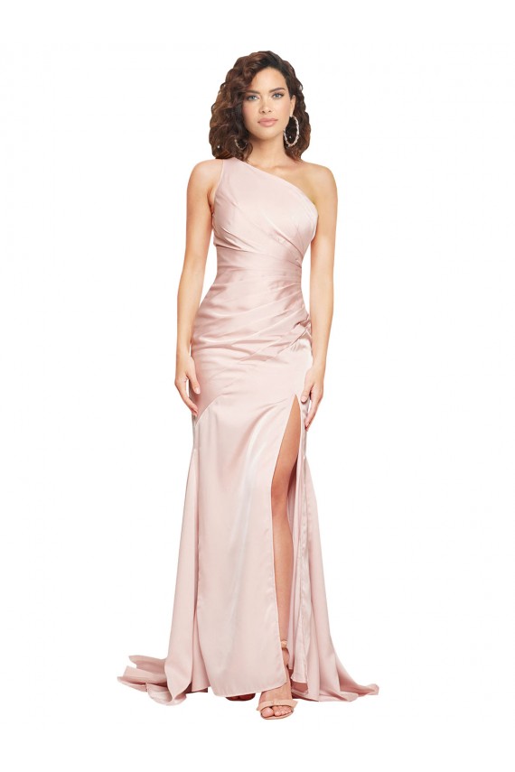 Cheap Full Length One Shoulder Long Silky Satin Prom Dress with High Split UK