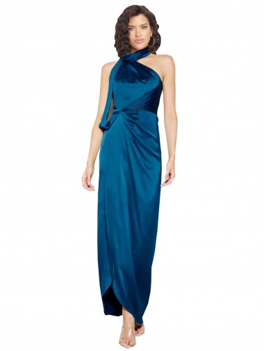 Cheap High Halter Neck Silky Satin Prom Dress with Sash Overlay and Side Split UK