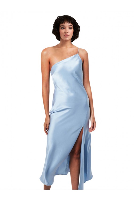 Cheap Midi Length Short Silky Satin Cocktail Prom Dress / Homecoming Dress with Asymmetric Neckline and High Side Split UK