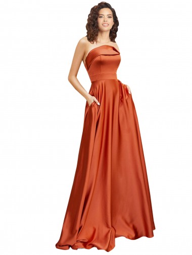 Cheap Strapless Sweep Train Silky Satin Prom Dress with Pleats UK