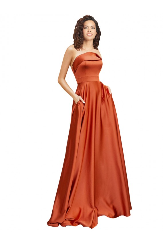Cheap Strapless Sweep Train Silky Satin Prom Dress with Pleats UK