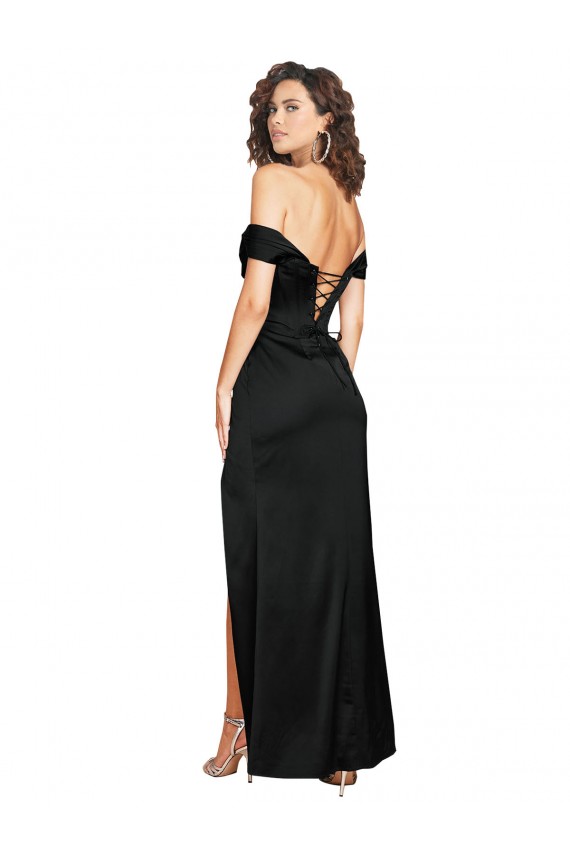 Cheap Fitted Sweetheart Neckline Silky Satin Prom Dress with Off the Shoulder Sleeves and High Slit UK