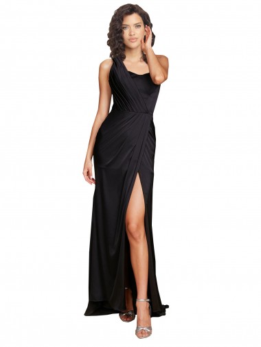 Cheap Full Length One Shoulder Ruffled Long Silky Satin Prom Dress with High Slit UK