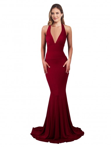 Cheap Halter Mermaid Plunge V-Neckline Open Back Bow Tie Spandex Prom Dress UK