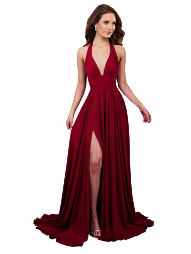 Cheap A-Line Halter Plunge V-Neckline Open Back Spandex Prom Dress with Slit UK