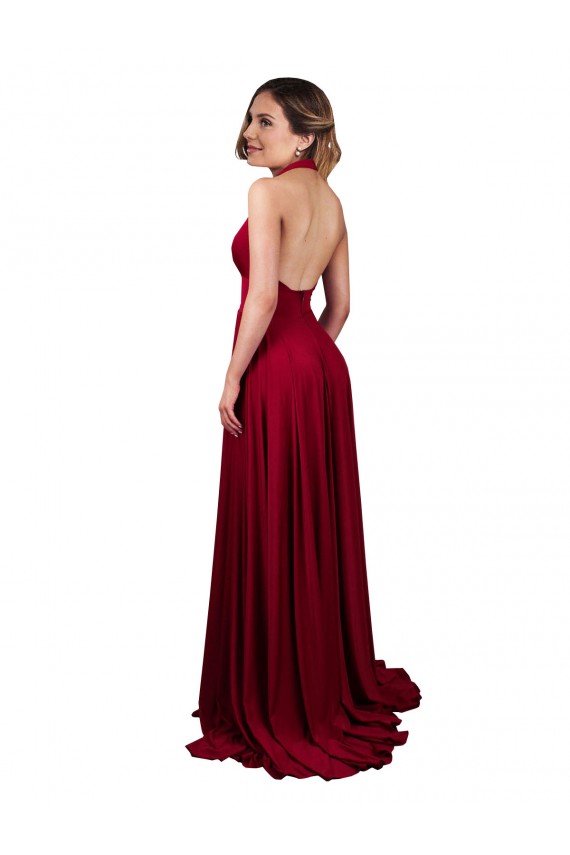 Cheap A-Line Halter Plunge V-Neckline Open Back Spandex Prom Dress with Slit UK