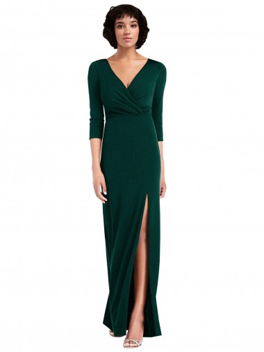 Cheap Floor Length 3/4 Sleeves V-Back Draped Wrap Maxi Spandex Prom Dress UK