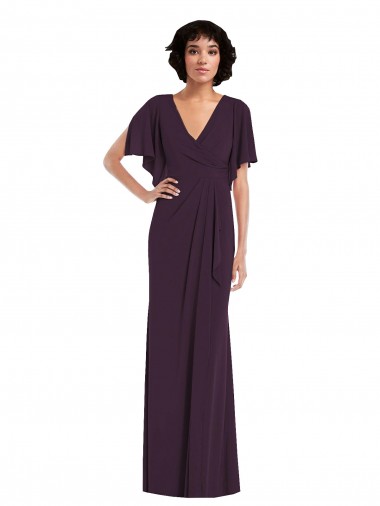 Cheap Faux Wrap Split Sleeves Maxi Spandex Prom Dress with Cascade Skirt UK