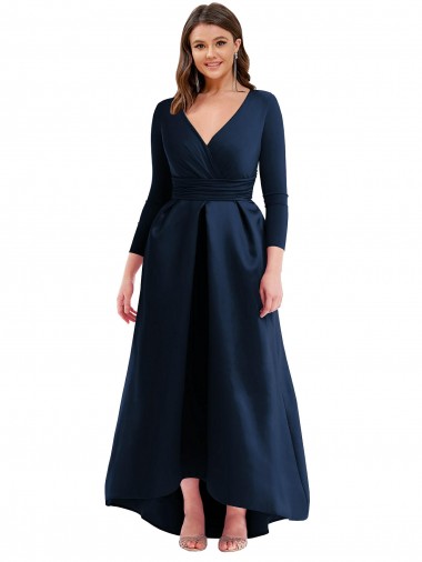 Cheap Long Sleeves Wrapped Spandex Prom Dress with High Low Full Skirt and Pockets UK
