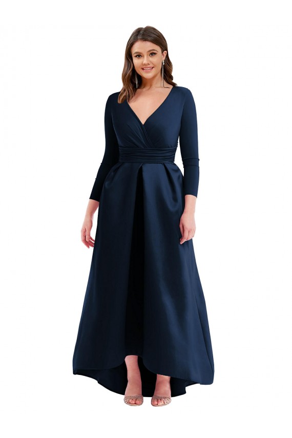 Cheap Long Sleeves Wrapped Spandex Prom Dress with High Low Full Skirt and Pockets UK