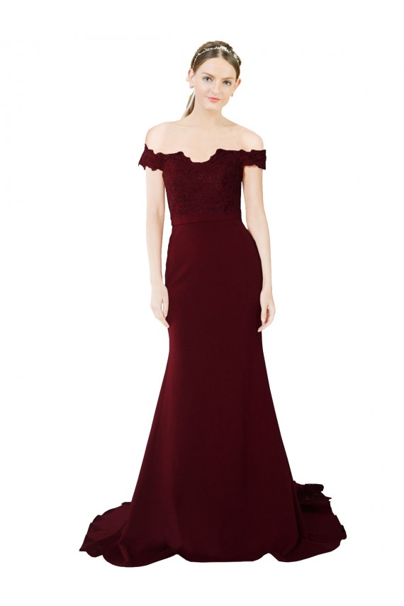 Cheap Full Length Off the Shoulder Formal Crepe Prom Dress with Lace On Bodice and Back UK