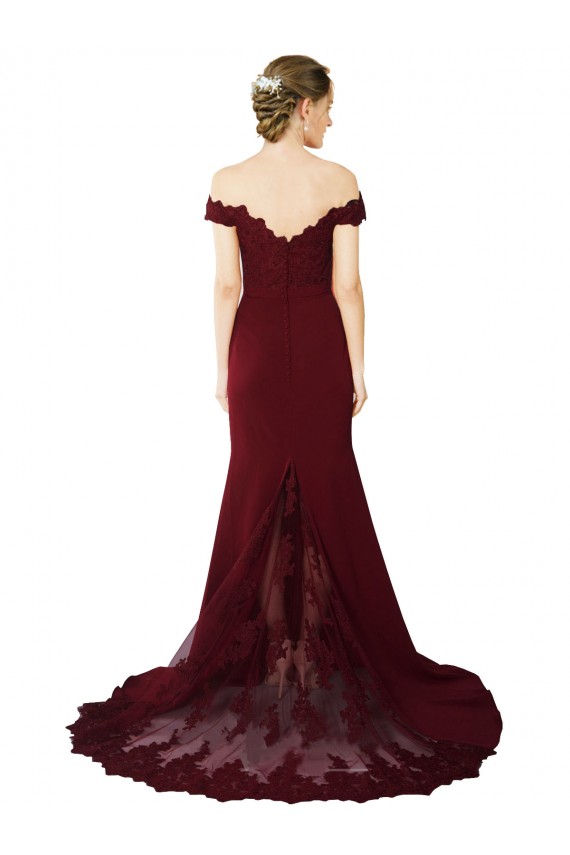 Cheap Full Length Off the Shoulder Formal Crepe Prom Dress with Lace On Bodice and Back UK
