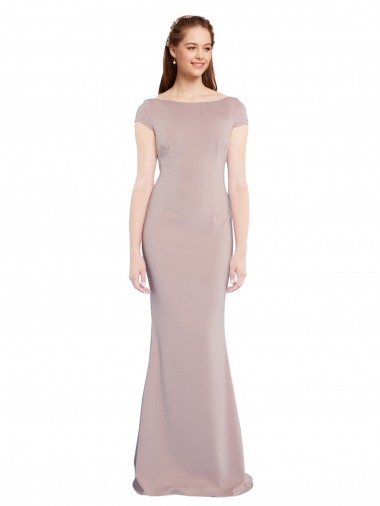 Cheap Boat Neck Cap Sleeve Crepe Prom Dress with Plunging Tie Back UK