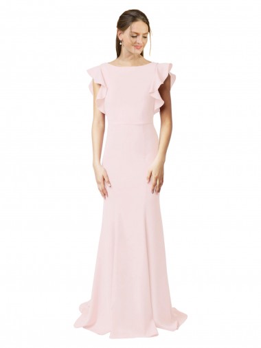 Cheap Low V-Back Long Mermaid Crepe Prom Dress with Ruffled Sleeves UK