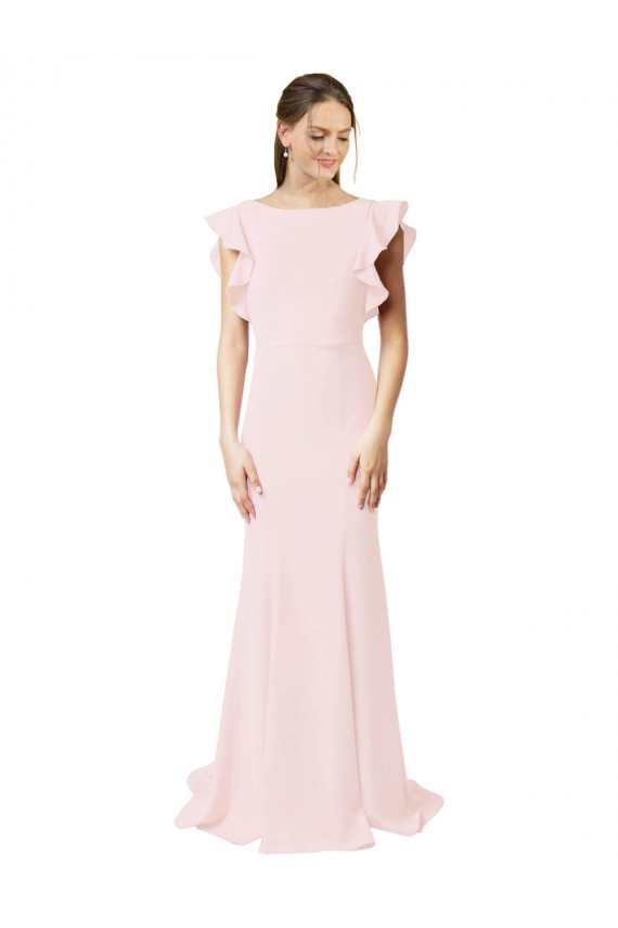 Cheap Low V-Back Long Mermaid Crepe Prom Dress with Ruffled Sleeves UK