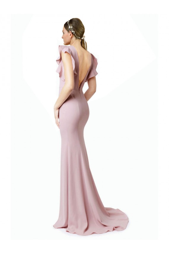Cheap Low V-Back Long Mermaid Crepe Prom Dress with Ruffled Sleeves UK