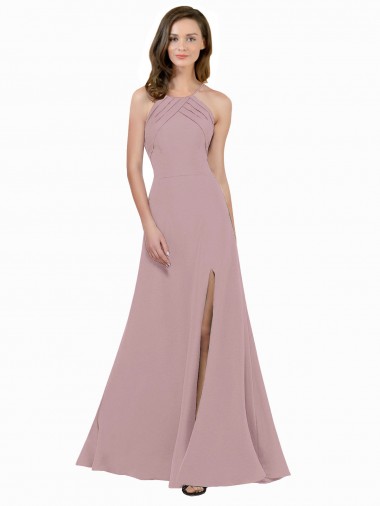 Cheap High Neck Crepe Prom Dress with Pleats and Keyhole Back UK