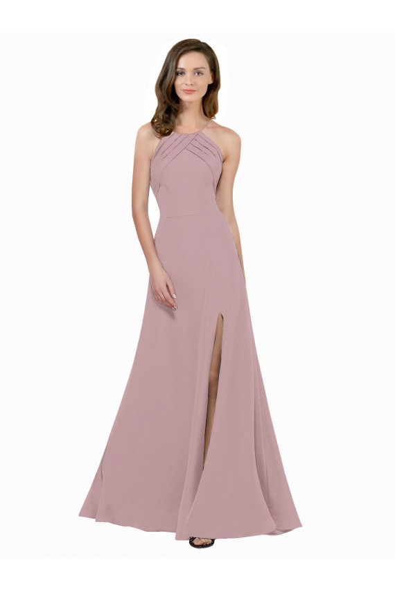 Cheap High Neck Crepe Prom Dress with Pleats and Keyhole Back UK