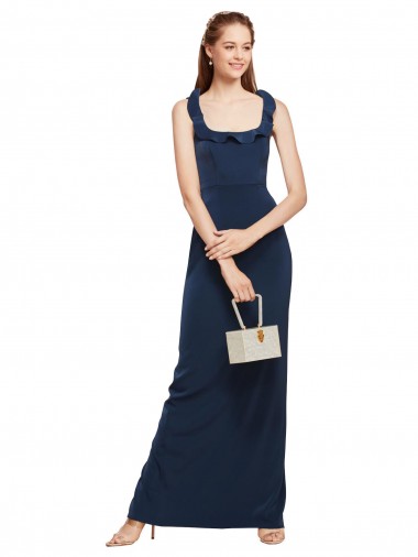 Cheap Scoop Neck with Ruffles Long Crepe Prom Dress with Back Slit UK