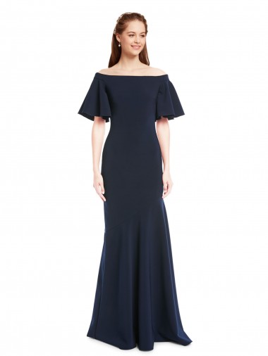 Cheap Off the Shoulder Crepe Prom Dress with Short Ruffle Sleeves. UK