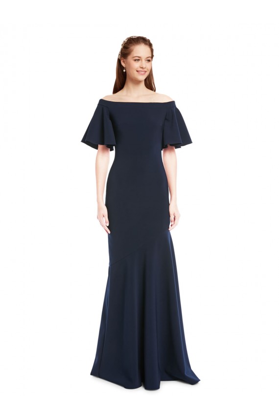 Cheap Off the Shoulder Crepe Prom Dress with Short Ruffle Sleeves. UK