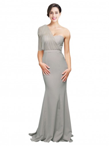 Cheap Long Sweep Train Sweetheart Crepe Prom Dress with Tulle One Shoulder UK