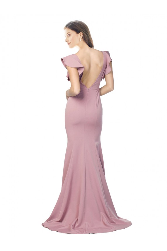 Cheap Flutter Sleeves Low V-Back High Round Neck Crepe Prom Dress UK
