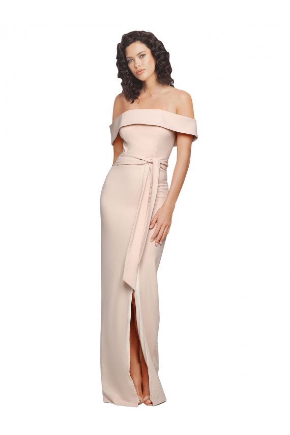 Cheap Off the Shoulder Long Crepe Prom Dress with Waist Tie and Slit UK