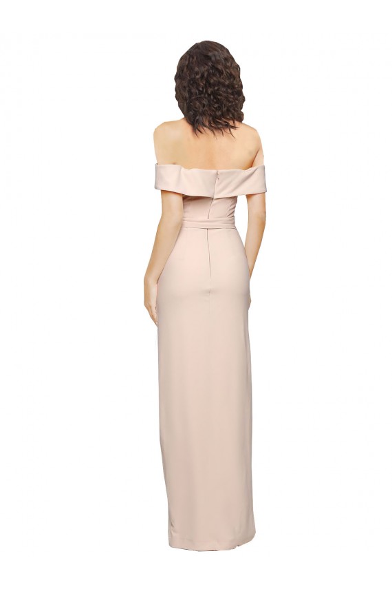 Cheap Off the Shoulder Long Crepe Prom Dress with Waist Tie and Slit UK