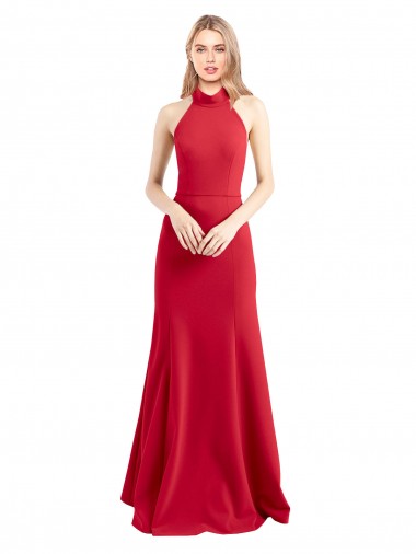 Cheap Sleek Fit and Flare High Neck Halter Stretch Crepe Prom Dress with Open Back UK